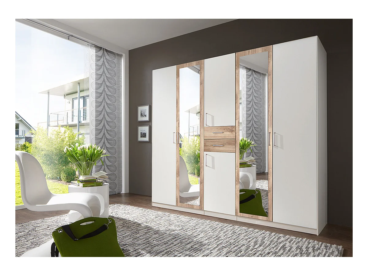 Armoire Placard, meuble de rangement avec 2 miroirs coloris Blanc, rechampis imitation chêne poutre - Longueur  225 x Hauteur 208  x Profondeur 58 cm