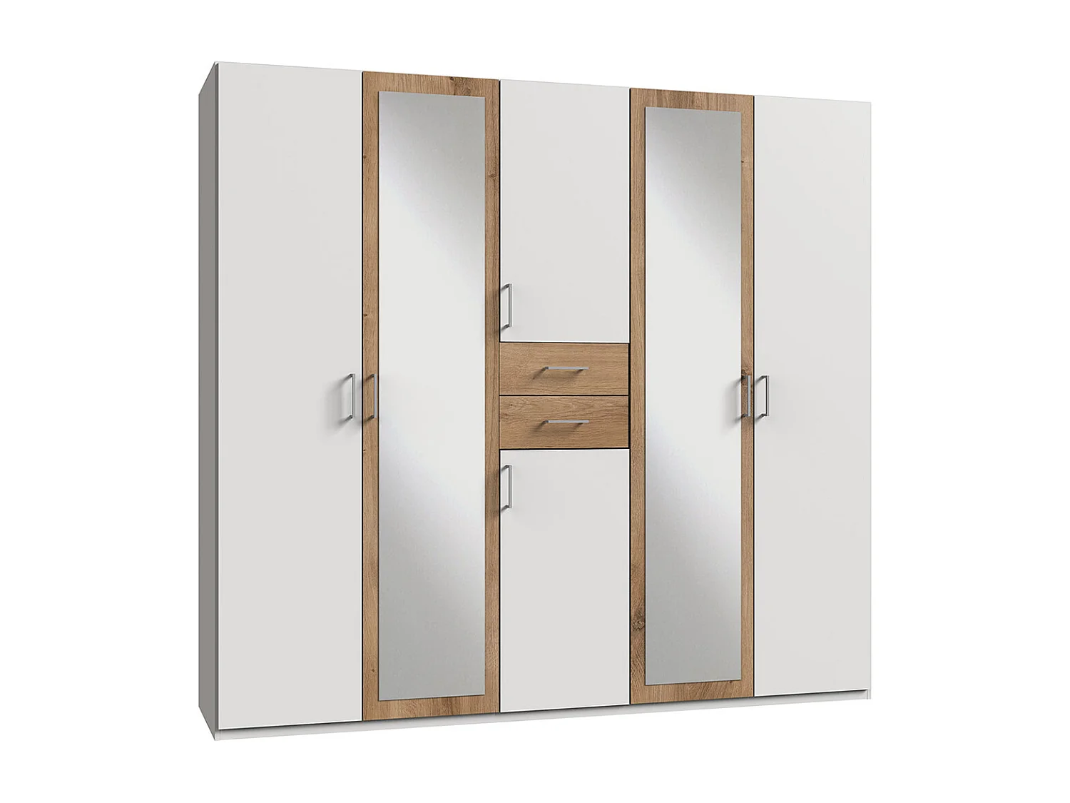 Armoire Placard, meuble de rangement avec 2 miroirs coloris Blanc, rechampis imitation chêne poutre - Longueur  225 x Hauteur 208  x Profondeur 58 cm