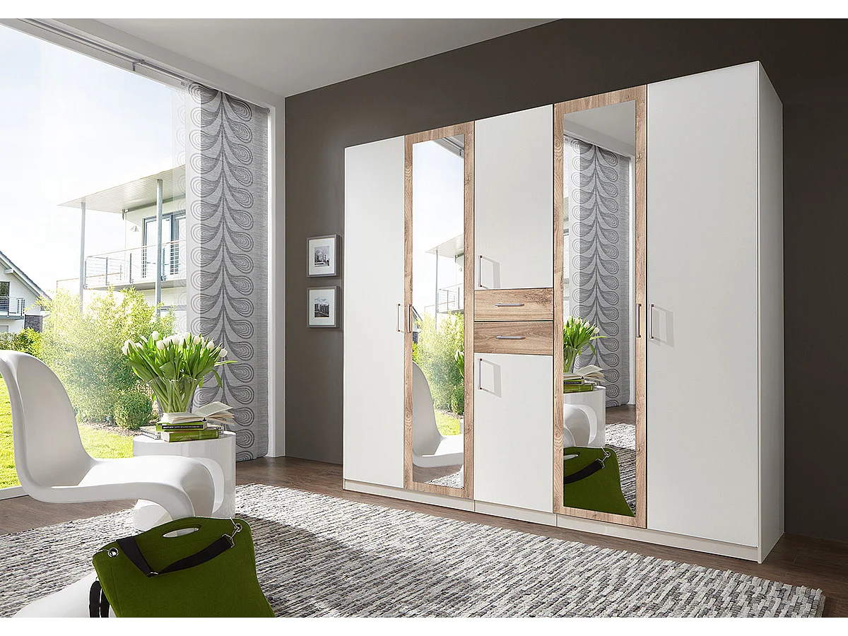 Armoire Placard, meuble de rangement avec 2 miroirs coloris Blanc, rechampis imitation chêne poutre - Longueur  225 x Hauteur 208  x Profondeur 58 cm