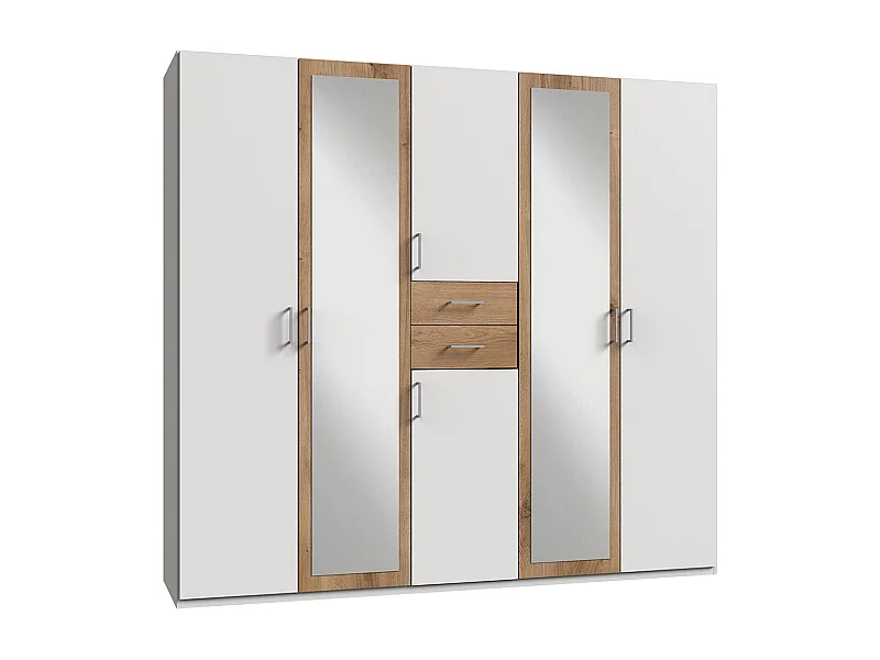 Armoire Placard, meuble de rangement avec 2 miroirs coloris Blanc, rechampis imitation chêne poutre - Longueur  225 x Hauteur 208  x Profondeur 58 cm