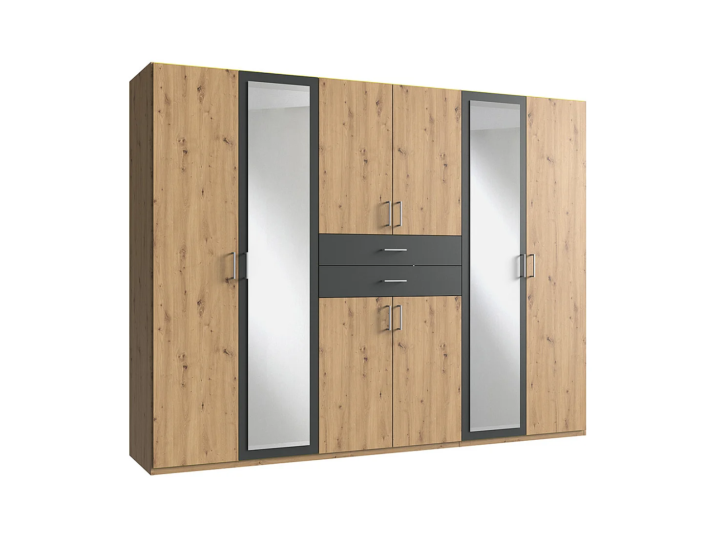 Armoire Placard, meuble de rangement avec 2 miroirs coloris Imitation chêne artisan, rechampis graphite  -  Longueur  270 x Hauteur 208 x Profondeur 58 cm