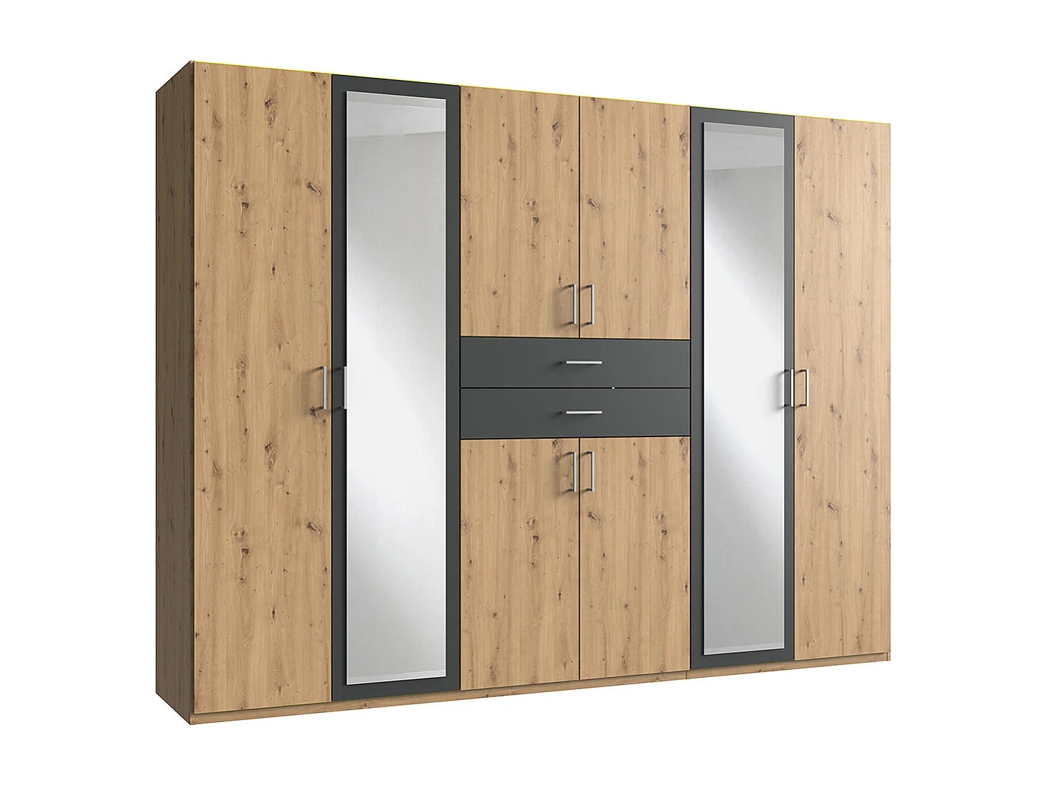 Armoire Placard, meuble de rangement avec 2 miroirs coloris Imitation chêne artisan, rechampis graphite  -  Longueur  270 x Hauteur 208 x Profondeur 58 cm