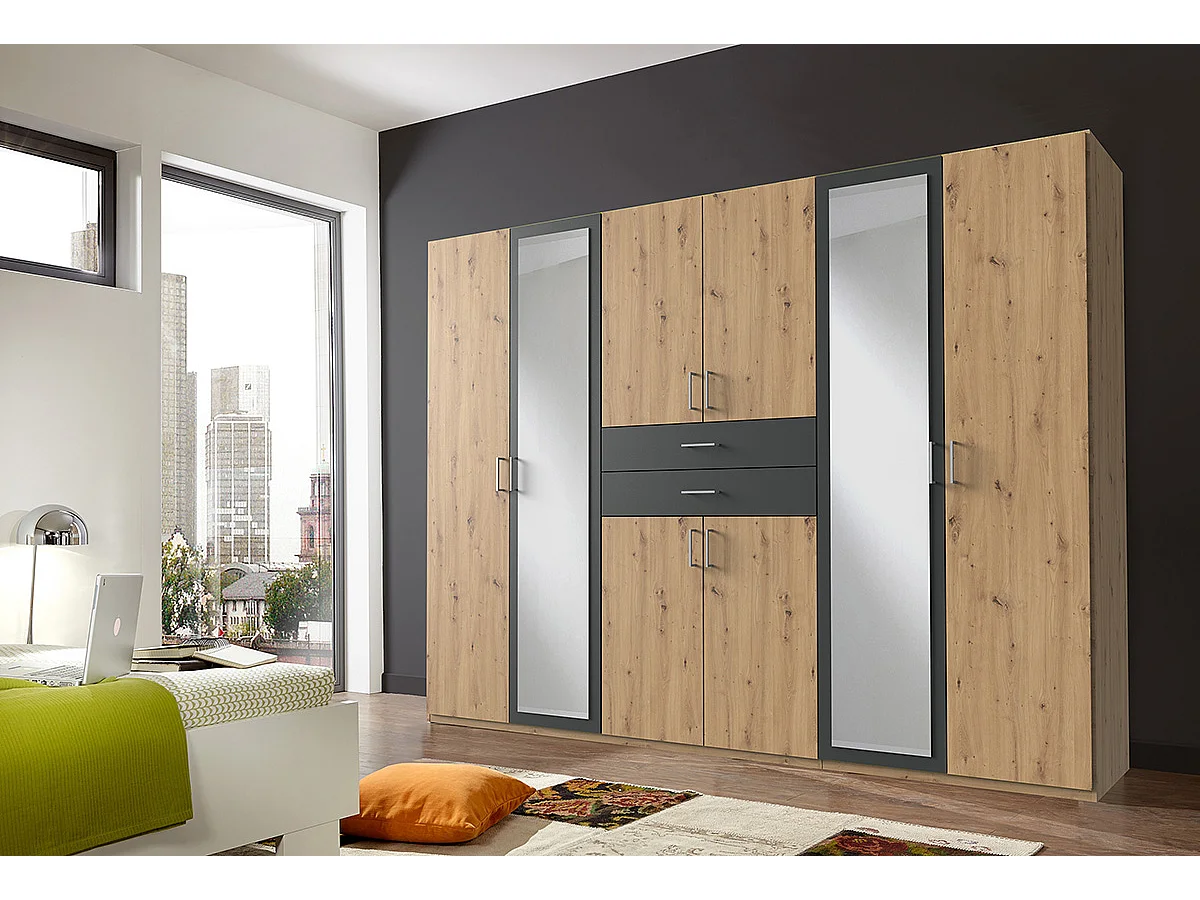 Armoire Placard, meuble de rangement avec 2 miroirs coloris Imitation chêne artisan, rechampis graphite  -  Longueur  270 x Hauteur 208 x Profondeur 58 cm