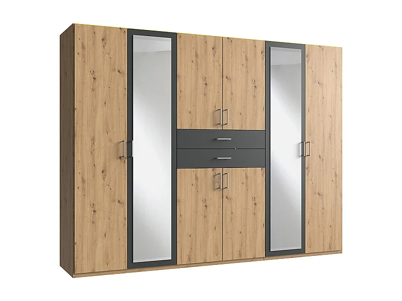 Armoire Placard, meuble de rangement avec 2 miroirs coloris Imitation chêne artisan, rechampis graphite  -  Longueur  270 x Hauteur 208 x Profondeur 58 cm