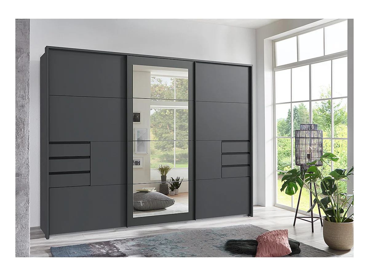 Armoire à portes coulissantes coloris Graphite,  rechampis graphite -  Longueur  270 x Hauteur 208 x Profondeur 64 cm