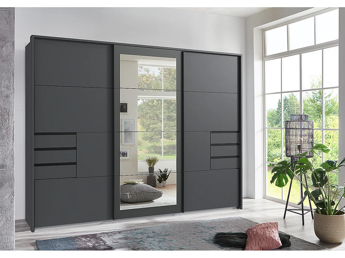 Armoire à portes coulissantes coloris Graphite,  rechampis graphite -  Longueur  270 x Hauteur 208 x Profondeur 64 cm