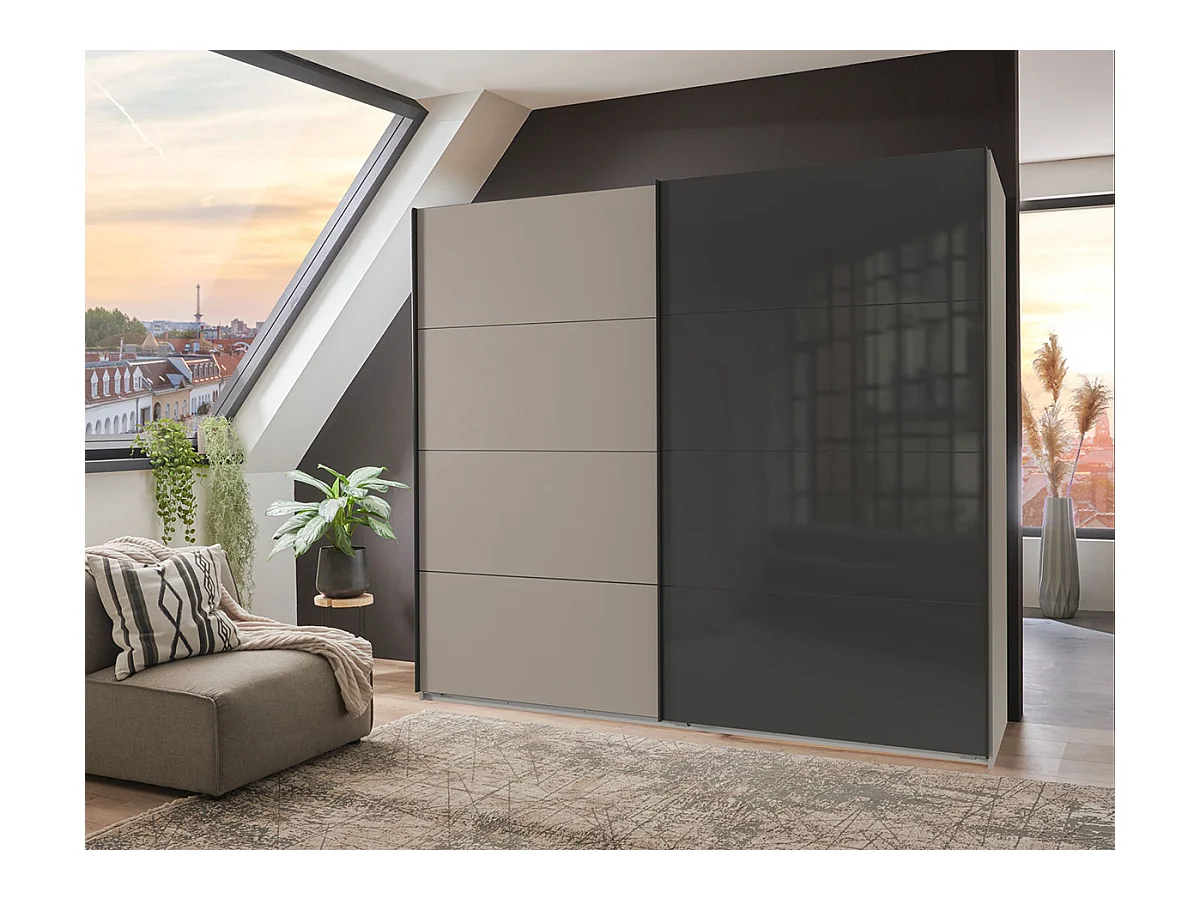 Armoire à portes coulissantes coloris Gris et verre coloris noir, rechampis graphite - Longueur 225 x Hauteur 208 x Profondeur 65 cm 