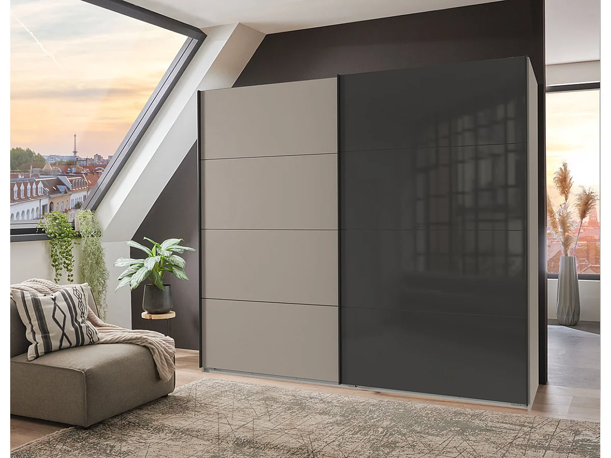 Armoire à portes coulissantes coloris Gris et verre coloris noir, rechampis graphite - Longueur 225 x Hauteur 208 x Profondeur 65 cm 