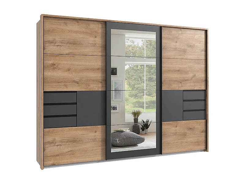 Armoire à portes coulissantes coloris Imitation chêne poutre,  rechampis graphite -  Longueur  270 x Hauteur 208 x Profondeur 64 cm