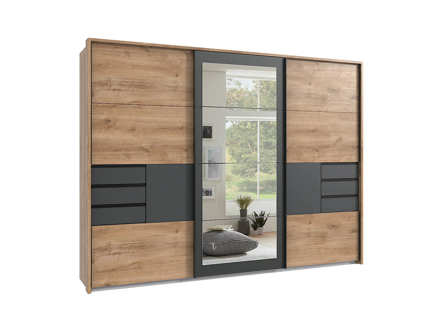 Armoire à portes coulissantes coloris Imitation chêne poutre,  rechampis graphite -  Longueur  270 x Hauteur 208 x Profondeur 64 cm