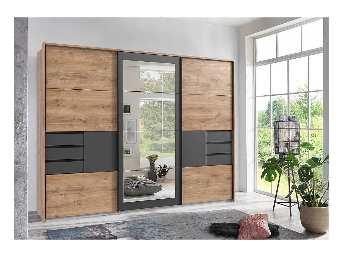 Armoire à portes coulissantes coloris Imitation chêne poutre,  rechampis graphite -  Longueur  270 x Hauteur 208 x Profondeur 64 cm