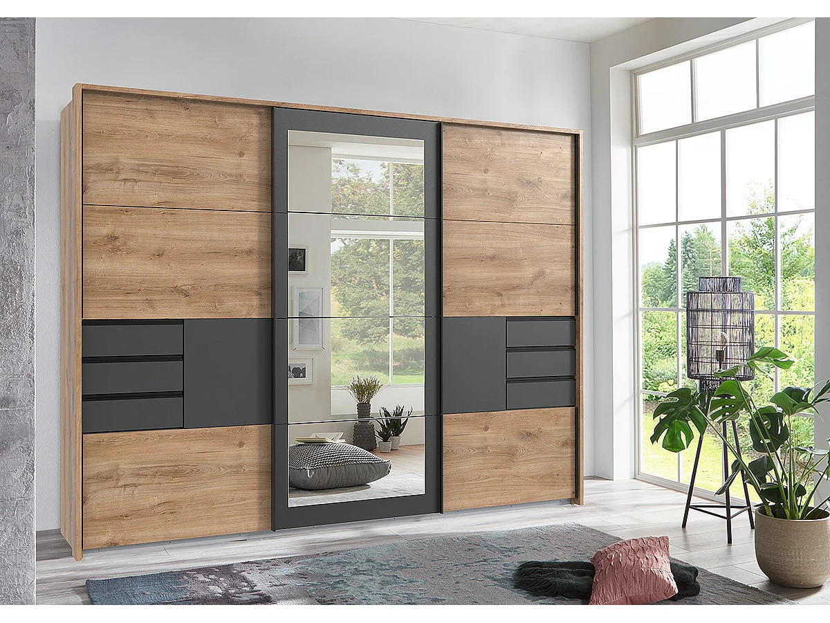 Armoire à portes coulissantes coloris Imitation chêne poutre,  rechampis graphite -  Longueur  270 x Hauteur 208 x Profondeur 64 cm