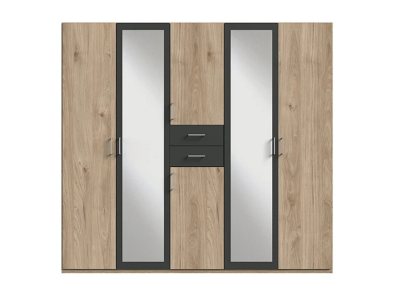 Armoire Placard, meuble de rangement avec 2 miroirs coloris Imitation chêne, rechampis graphite -  Longueur  225 x Hauteur 208  x Profondeur 58 cm