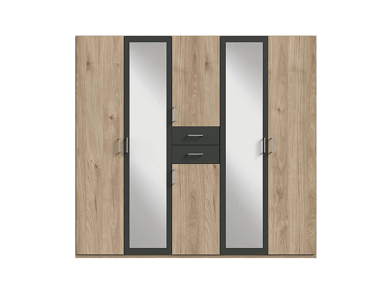 Armoire Placard, meuble de rangement avec 2 miroirs coloris Imitation chêne, rechampis graphite -  Longueur  225 x Hauteur 208  x Profondeur 58 cm