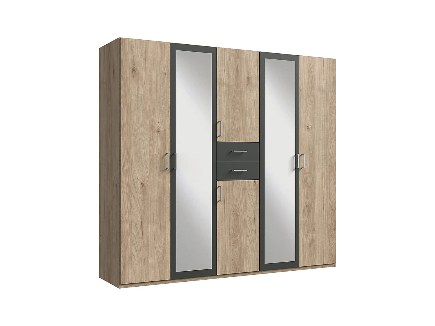 Armoire Placard, meuble de rangement avec 2 miroirs coloris Imitation chêne, rechampis graphite -  Longueur  225 x Hauteur 208  x Profondeur 58 cm