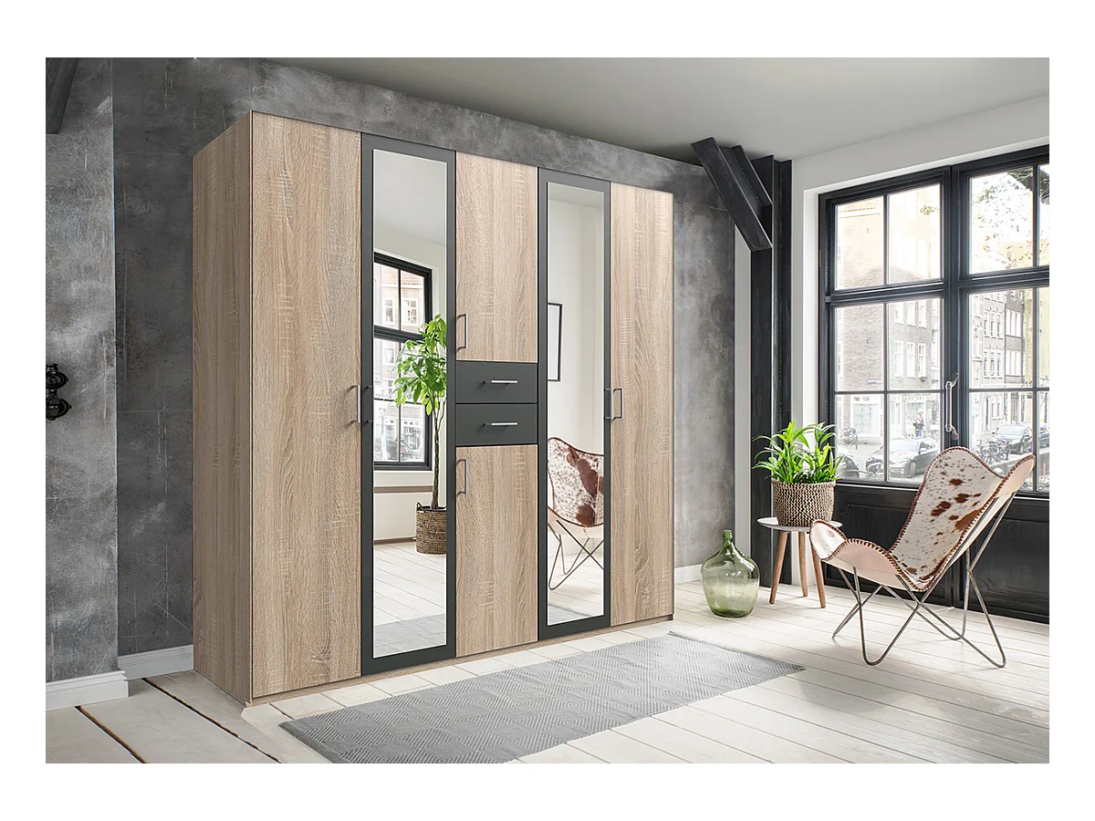 Armoire Placard, meuble de rangement avec 2 miroirs coloris Imitation chêne, rechampis graphite -  Longueur  225 x Hauteur 208  x Profondeur 58 cm