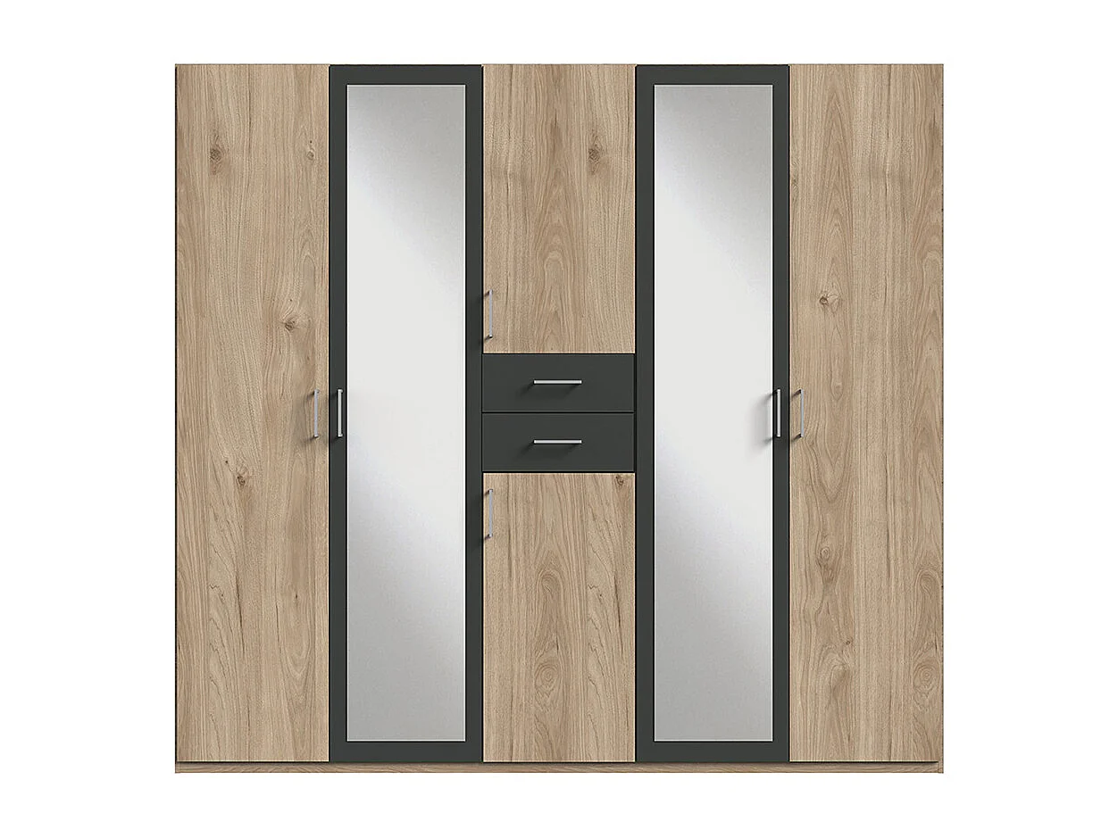 Armoire Placard, meuble de rangement avec 2 miroirs coloris Imitation chêne, rechampis graphite -  Longueur  225 x Hauteur 208  x Profondeur 58 cm