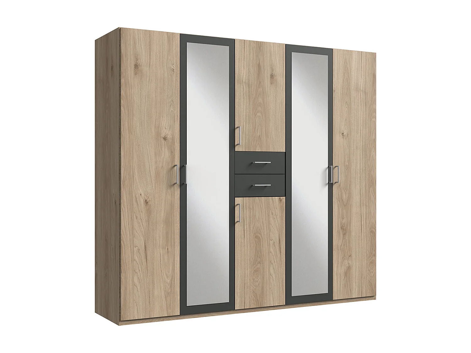 Armoire Placard, meuble de rangement avec 2 miroirs coloris Imitation chêne, rechampis graphite -  Longueur  225 x Hauteur 208  x Profondeur 58 cm