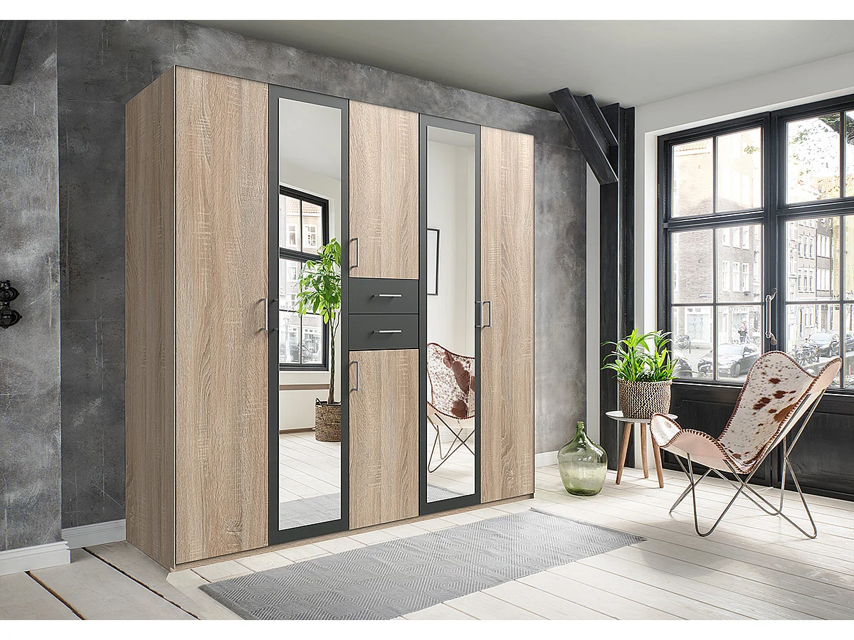 Armoire Placard, meuble de rangement avec 2 miroirs coloris Imitation chêne, rechampis graphite -  Longueur  225 x Hauteur 208  x Profondeur 58 cm