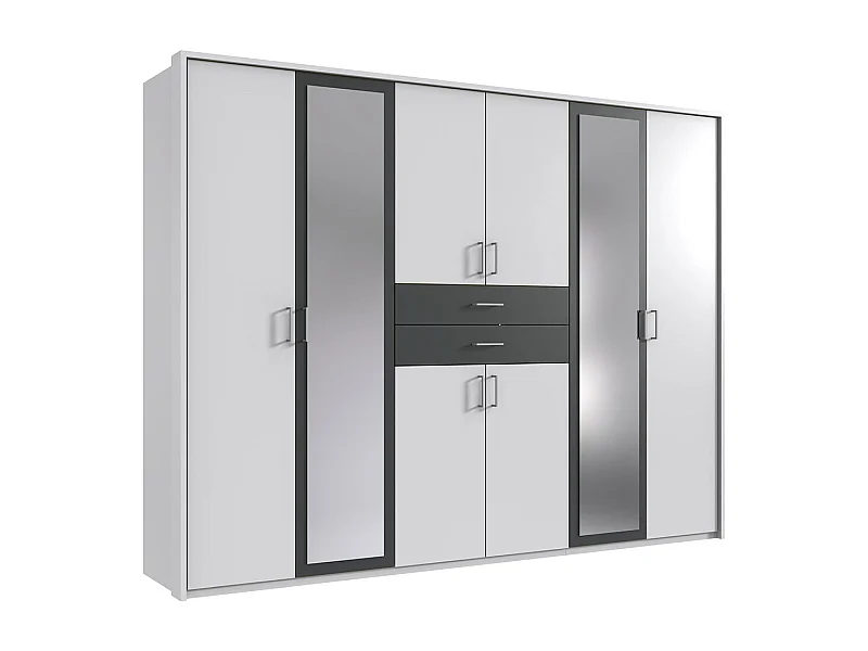 Armoire Placard, meuble de rangement avec 2 miroirs coloris Blanc, rechampis graphite - Longueur  270 x Hauteur 208  x Profondeur 58 cm