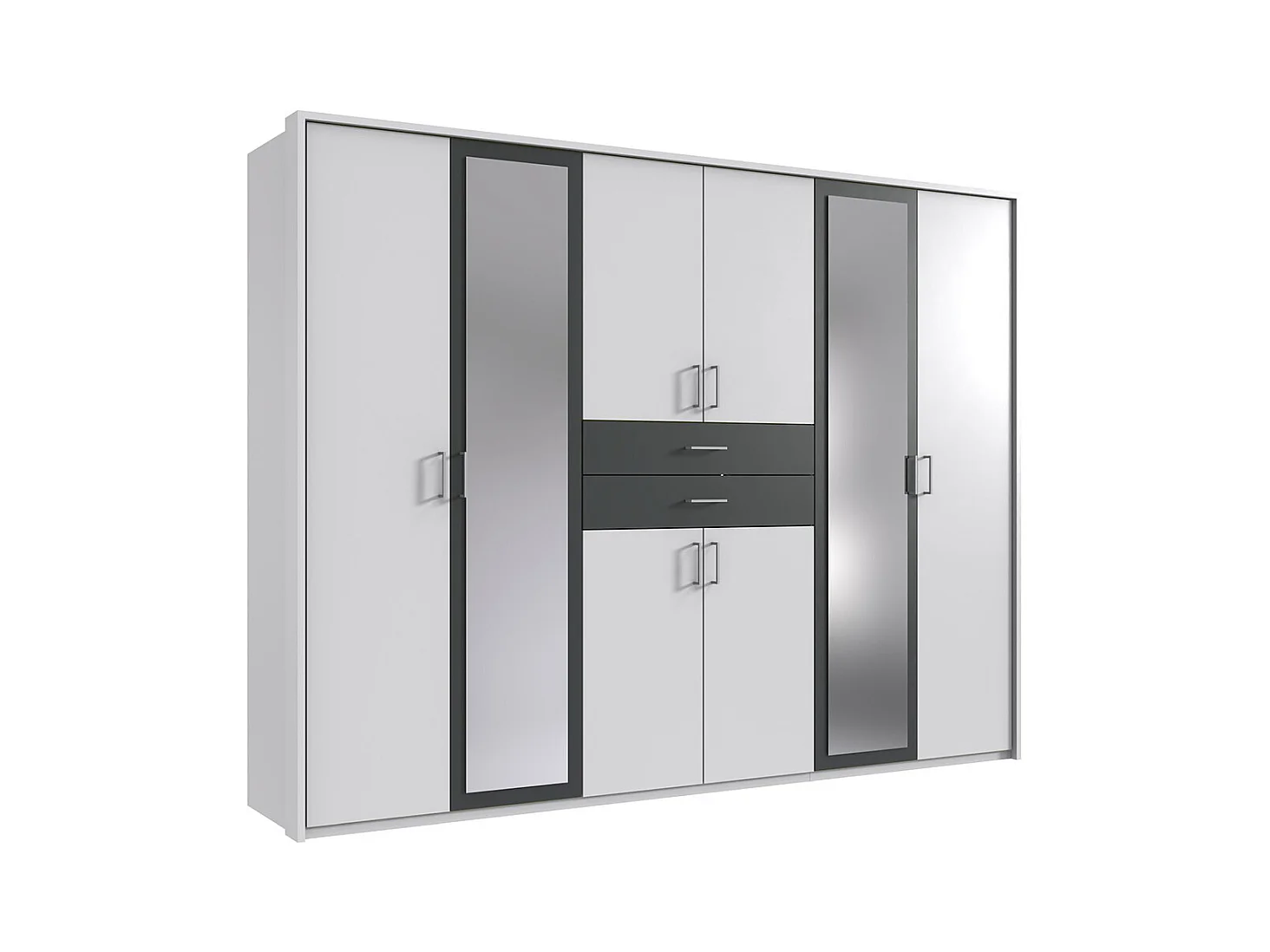 Armoire Placard, meuble de rangement avec 2 miroirs coloris Blanc, rechampis graphite - Longueur  270 x Hauteur 208  x Profondeur 58 cm