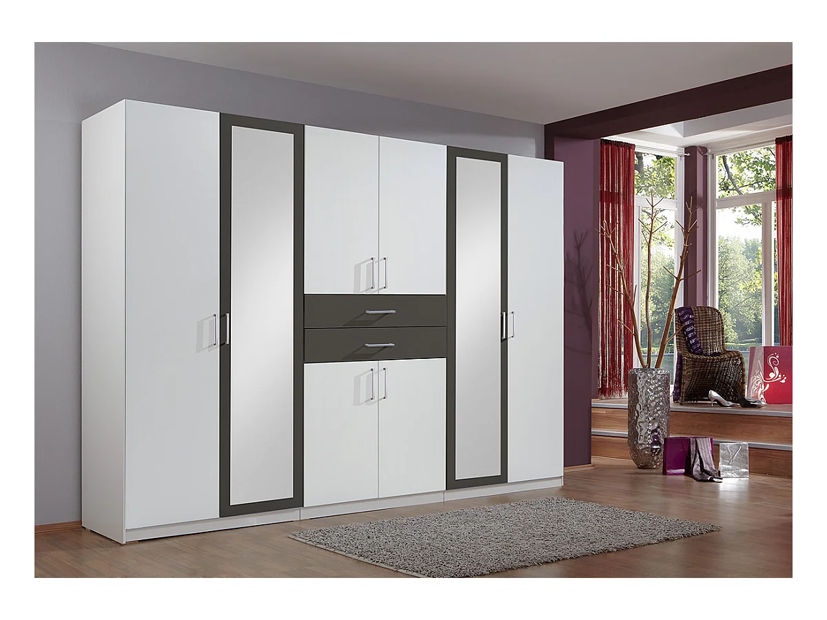 Armoire Placard, meuble de rangement avec 2 miroirs coloris Blanc, rechampis graphite - Longueur  270 x Hauteur 208  x Profondeur 58 cm
