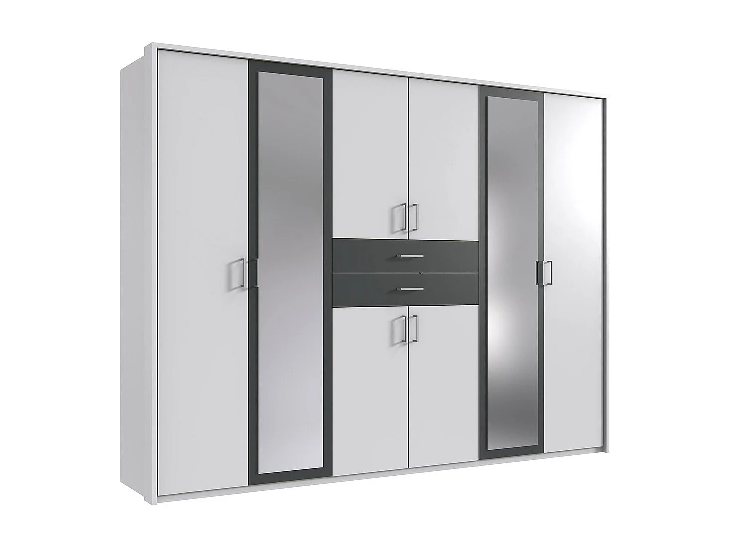 Armoire Placard, meuble de rangement avec 2 miroirs coloris Blanc, rechampis graphite - Longueur  270 x Hauteur 208  x Profondeur 58 cm