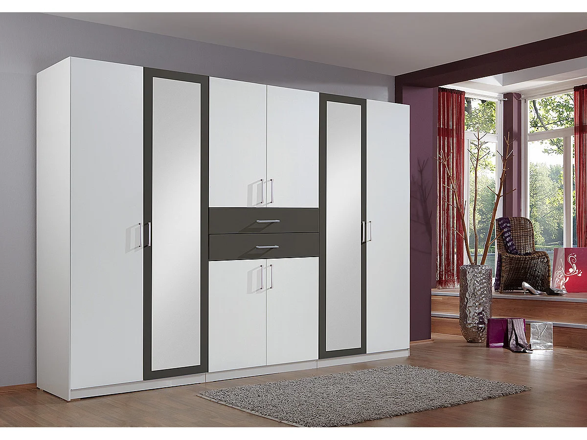 Armoire Placard, meuble de rangement avec 2 miroirs coloris Blanc, rechampis graphite - Longueur  270 x Hauteur 208  x Profondeur 58 cm