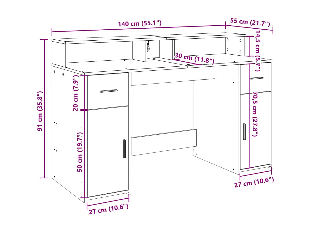 LED-Schreibtisch Altholz-Optik 140x55x91 cm Holzwerkstoff