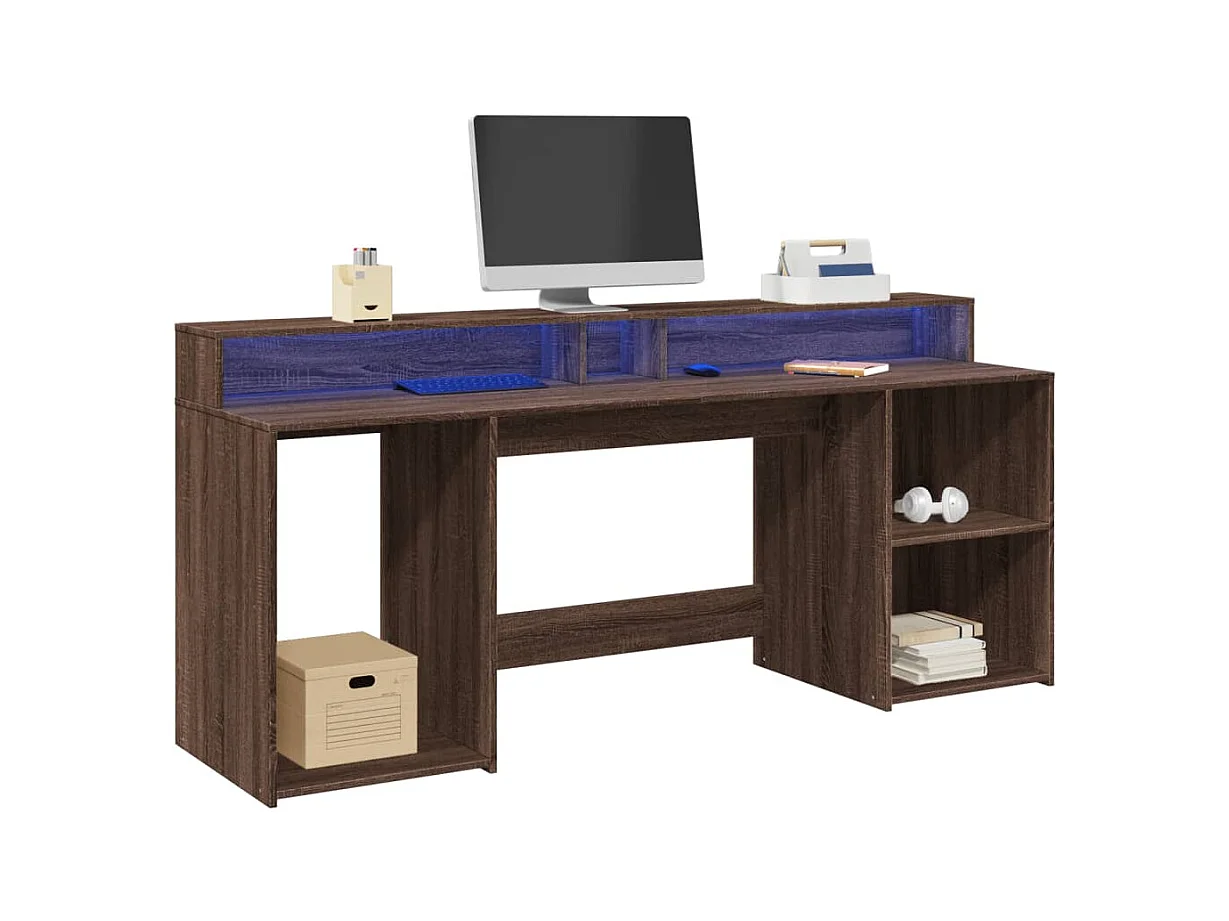 Bureau et lumières LED chêne marron bois d'ingénierie