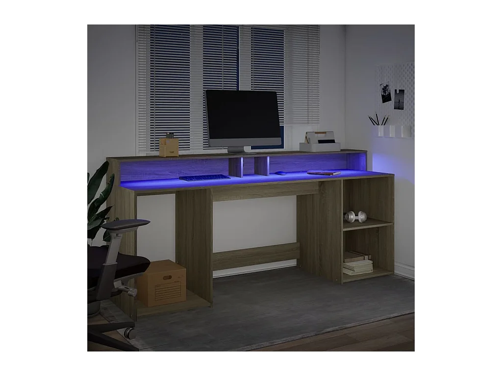 Bureau avec lumières LED chêne sonoma bois d'ingénierie