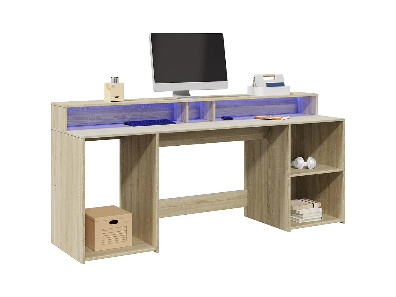 LED-Schreibtisch Sonoma-Eiche 200x55x91 cm Holzwerkstoff