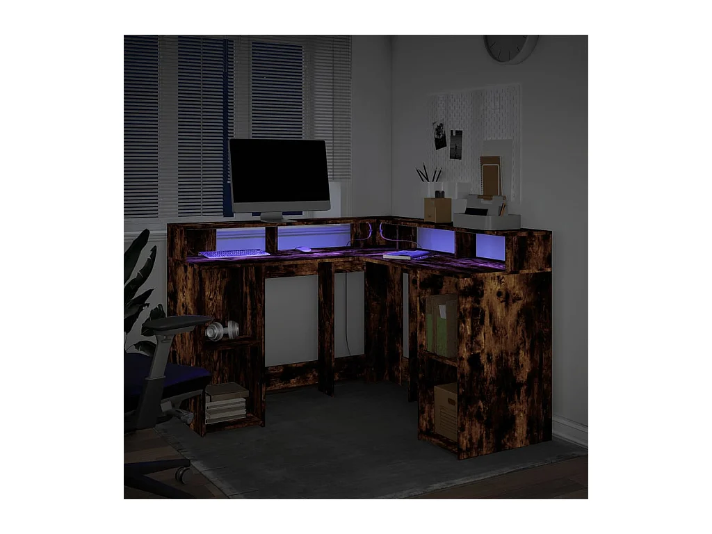 Bureau et lumières LED chêne fumé 130x130x91cm bois ingénierie