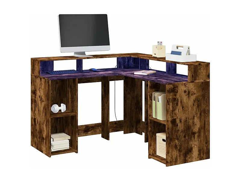 LED-Schreibtisch Räuchereiche 130x130x91 cm Holzwerkstoff