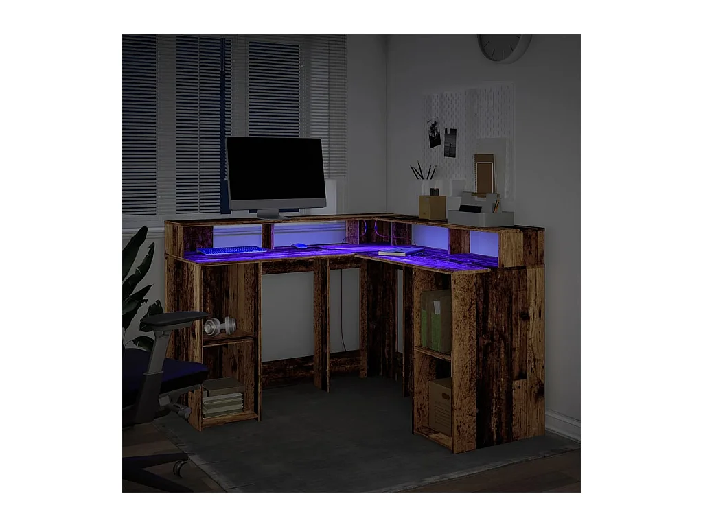 Bureau avec lumières LED vieux bois bois d'ingénierie