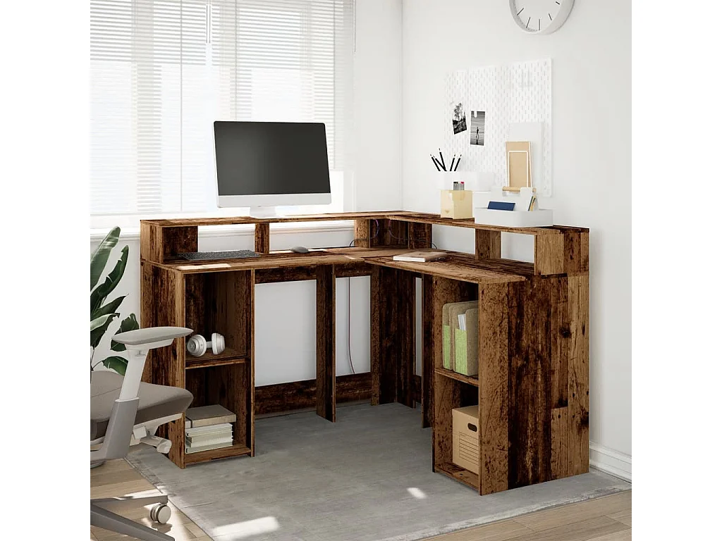 LED-Schreibtisch Altholz-Optik 130x130x91 cm Holzwerkstoff