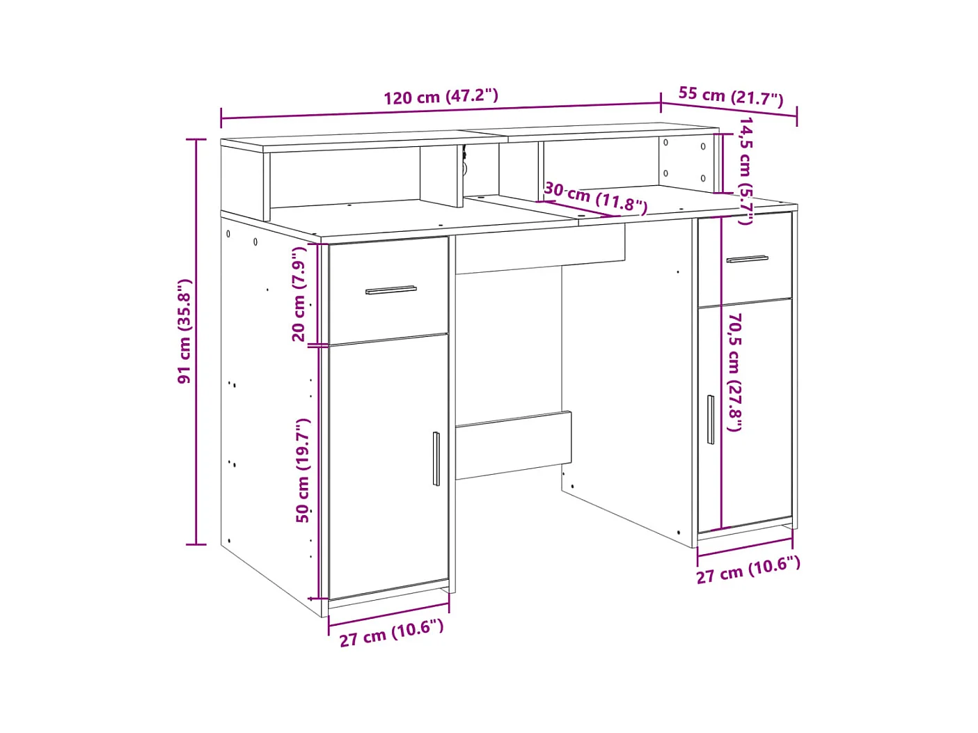 Bureau met LED-verlichting 120x55x91 cm bewerkt hout wit