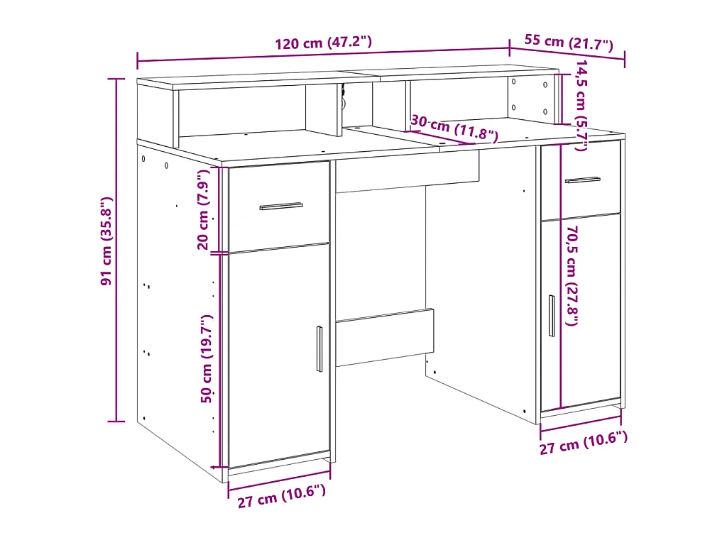 Scrivania con Luci LED Legno Antico 120x55x91 cm in Multistrato