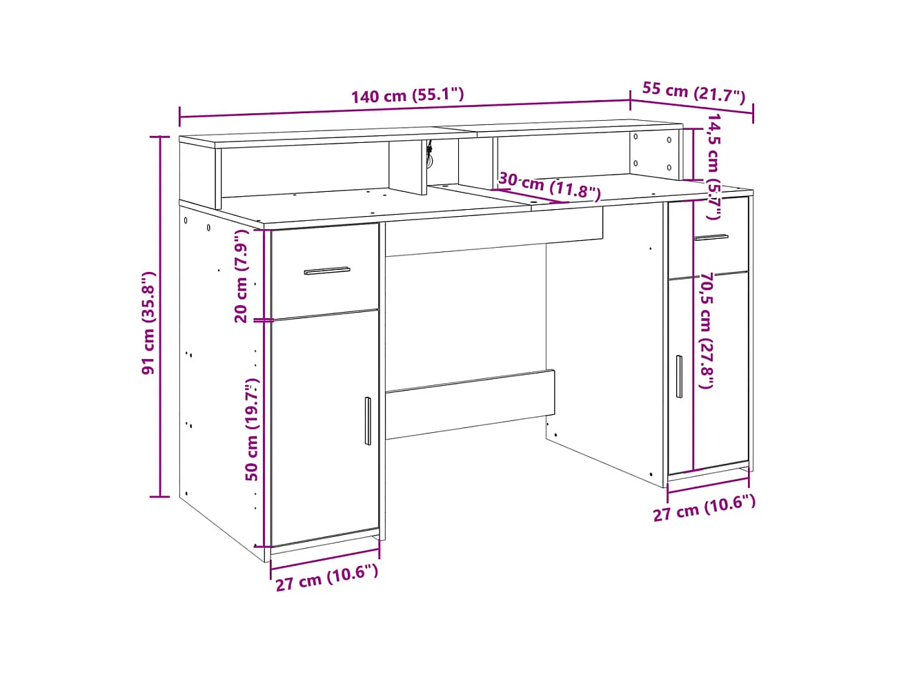 Bureau avec lumières LED chêne sonoma bois d'ingénierie