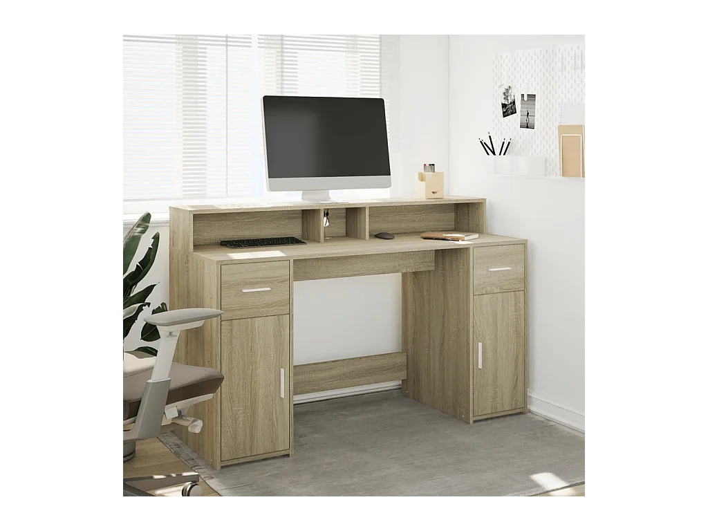 Bureau avec lumières LED chêne sonoma bois d'ingénierie