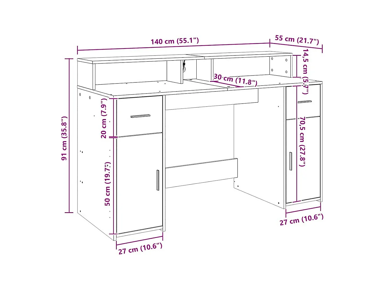 Bureau met LED-verlichting 140x55x91 cm hout artisanaal eiken