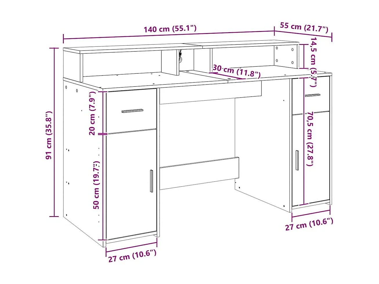Bureau avec lumières LED chêne artisanal bois d'ingénierie