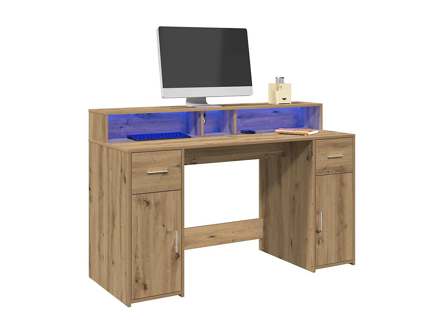 Bureau avec lumières LED chêne artisanal bois d'ingénierie