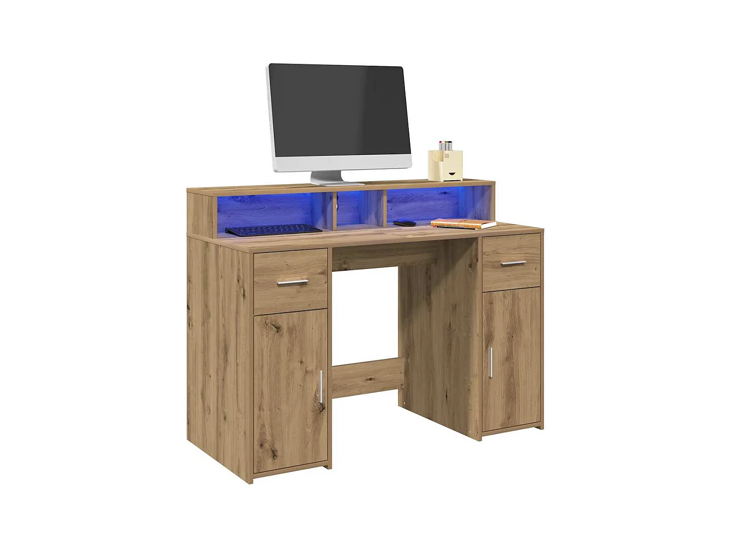Bureau avec lumières LED chêne artisanal bois d'ingénierie