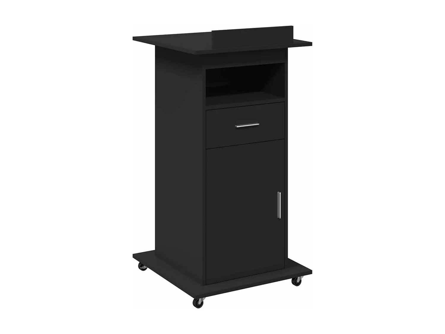 Czarny, pochylany pulpit z drewna inżynieryjnego z szufladą, blokowanymi kółkami i dużą przestrzenią do przechowywania 55x55x107 cm