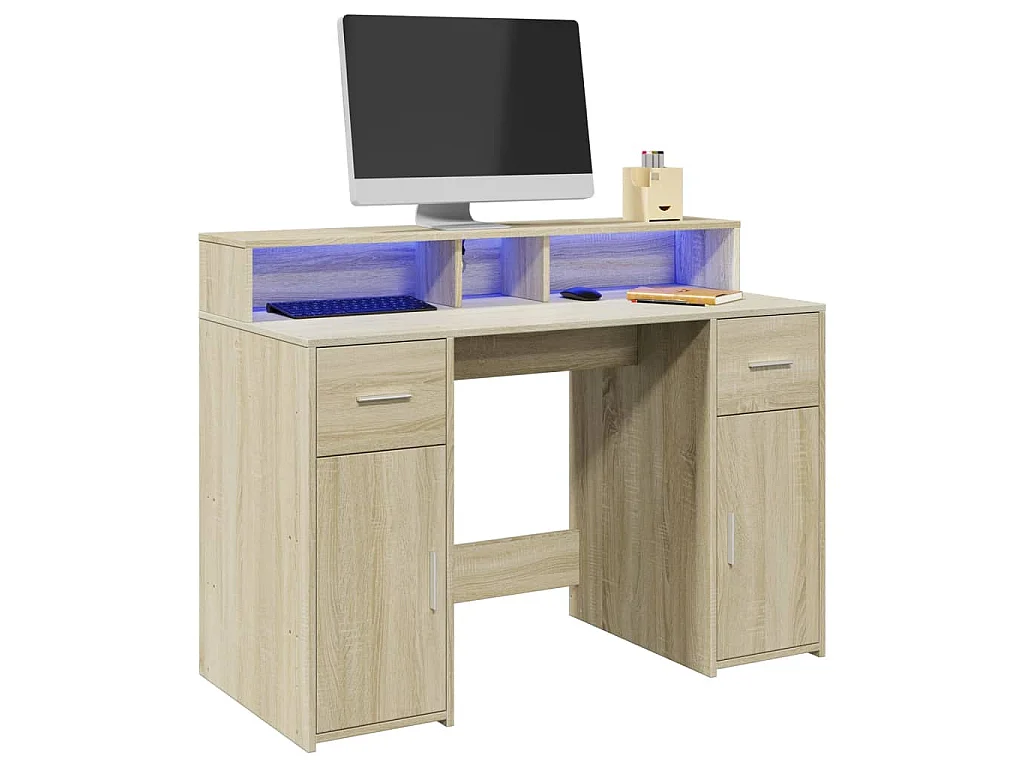Bureau avec lumières LED chêne sonoma bois d'ingénierie