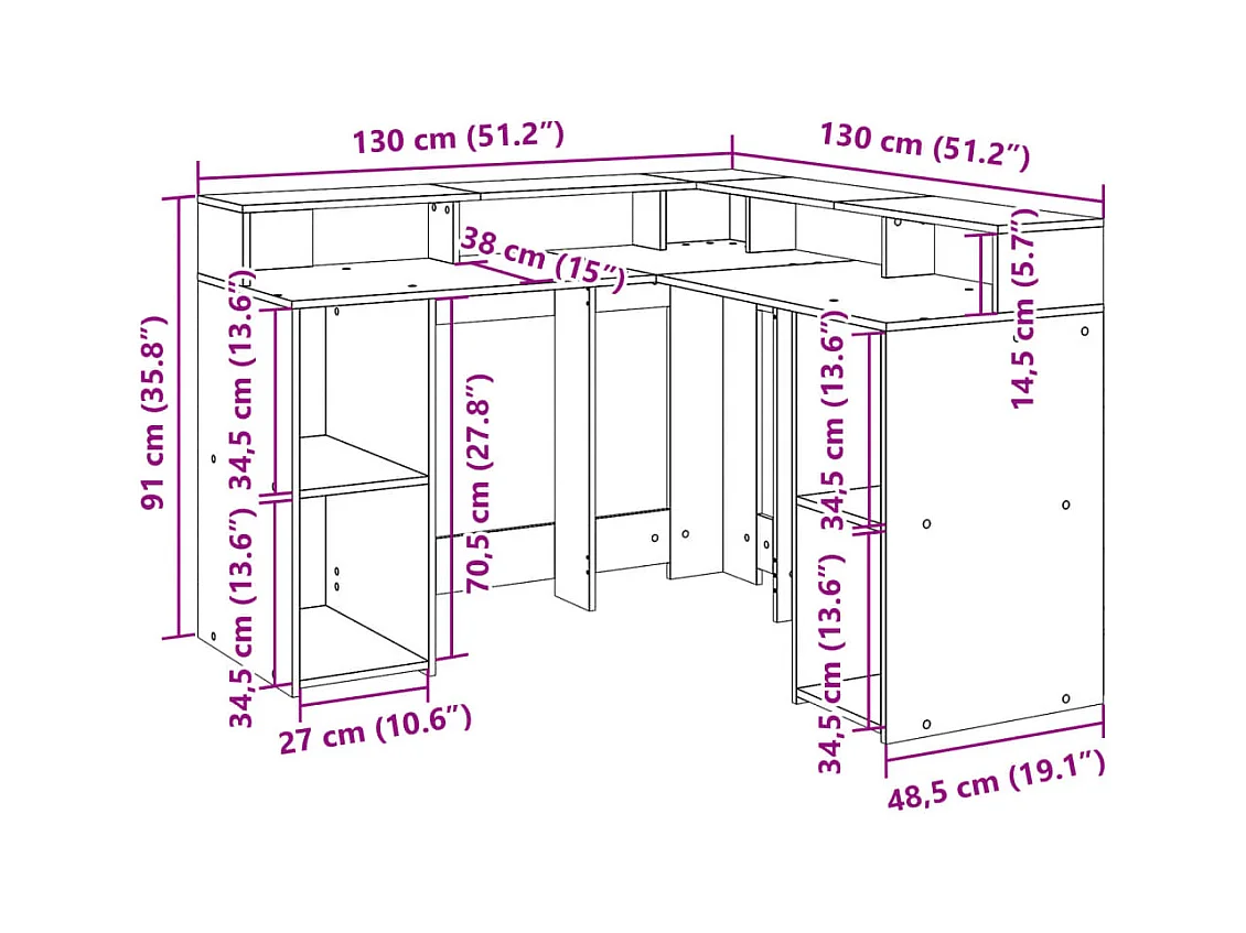 Bureau avec lumières LED chêne artisanal bois d'ingénierie