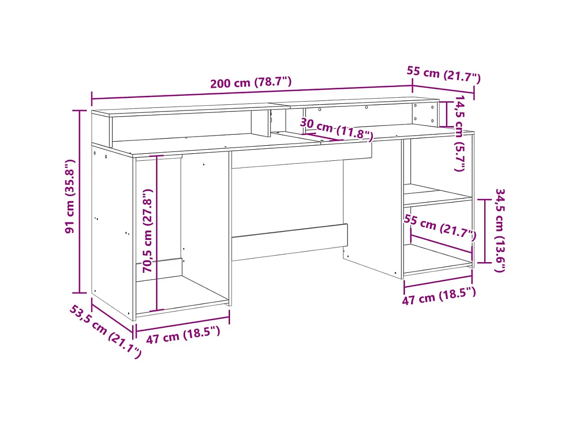 Bureau met LED-verlichting 200x55x91 cm bewerkt hout wit