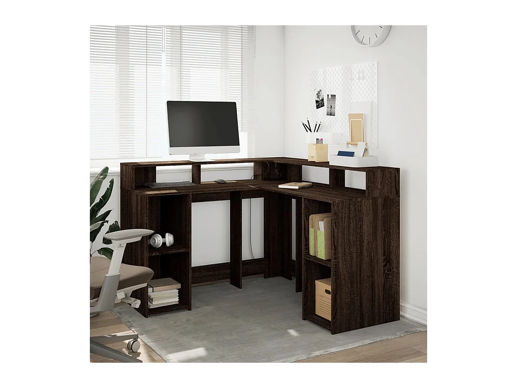 Bureau et lumières LED chêne marron bois d'ingénierie