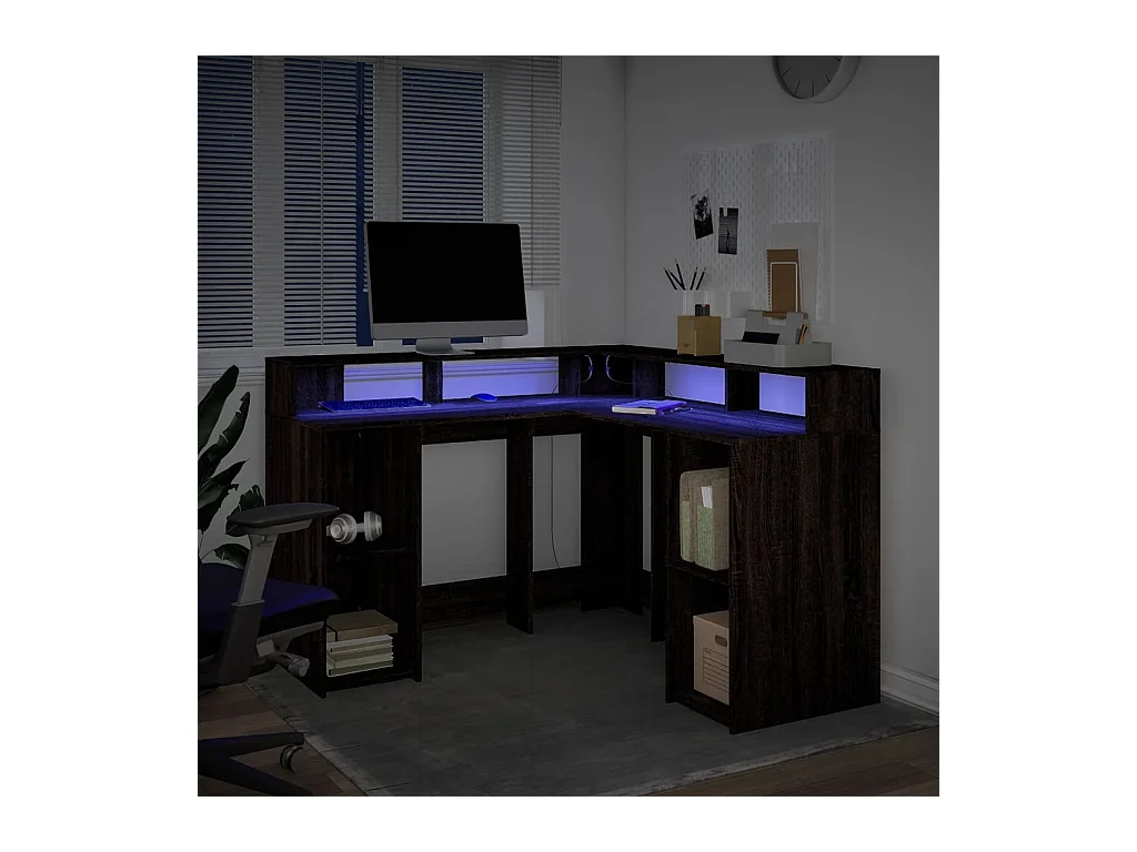 Bureau et lumières LED chêne marron bois d'ingénierie